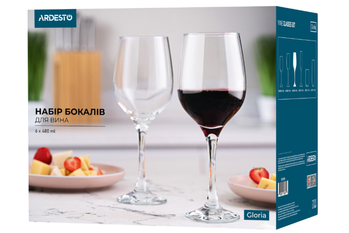 ARDESTO Wine glasses set Gloria 6 pcs, 480 ml, glass AR2648GW