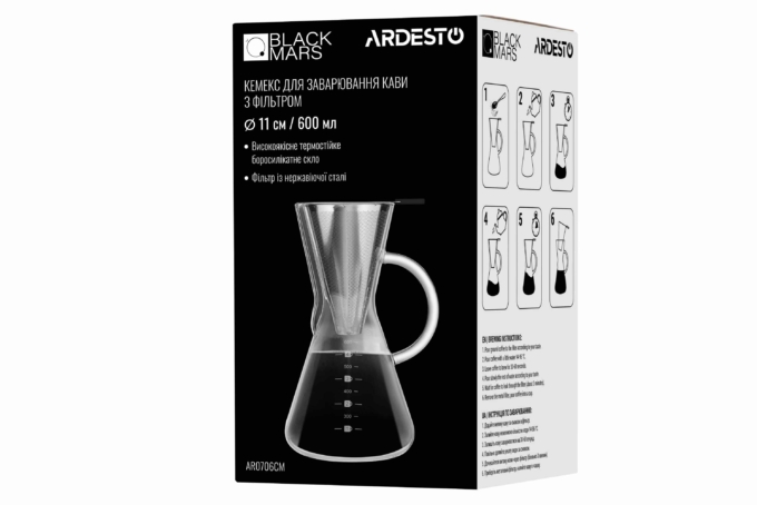 Кемекс для заварювання кави з фільтром ARDESTO Black Mars, 600 мл, боросилікатне скло, AR0706CM