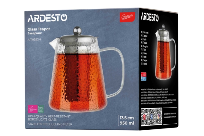 ARDESTO Teapot Gemini, 950 ml, borosilicate glass, stainless steel, AR1995GH