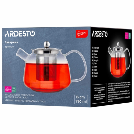 ARDESTO Teapot Gemini, 750ml, borosilicate glass, stainless steel, transparent AR1975GS