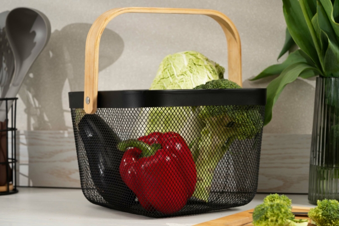 ARDESTO Basket with handle Midori 25х24.5х18cm, metal, bamboo, black AR0901B