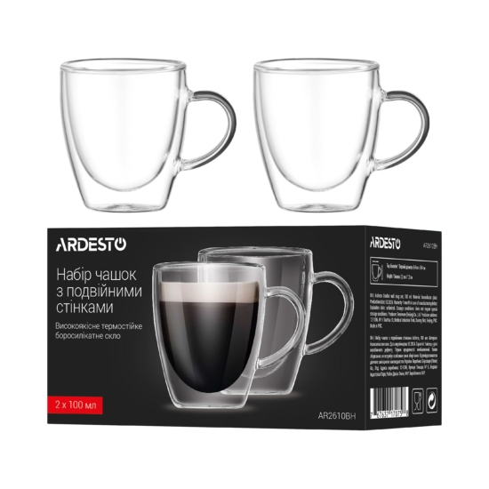 ARDESTO Double wall Mug Set with handle, 100ml, 2pcs, borosilicate glass, transparent AR2610BH