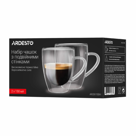 ARDESTO Double wall Mug Set with handle, 150ml, 2pcs, borosilicate glass, transparent AR2615BH