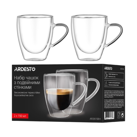 ARDESTO Double wall Mug Set with handle, 150ml, 2pcs, borosilicate glass, transparent AR2615BH