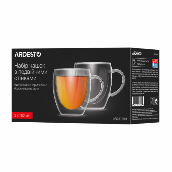 ARDESTO Double wall Mug Set with handle, 180ml, 2pcs, borosilicate glass, transparent AR2618BH