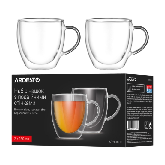 ARDESTO Double wall Mug Set with handle, 180ml, 2pcs, borosilicate glass, transparent AR2618BH