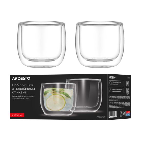 ARDESTO Double wall Mug Set, 260ml, 2pcs, borosilicate glass, transparent AR2626B