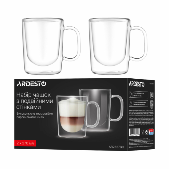 ARDESTO Double wall Mug Set with handle, 270ml, 2pcs, borosilicate glass, transparent AR2627BH