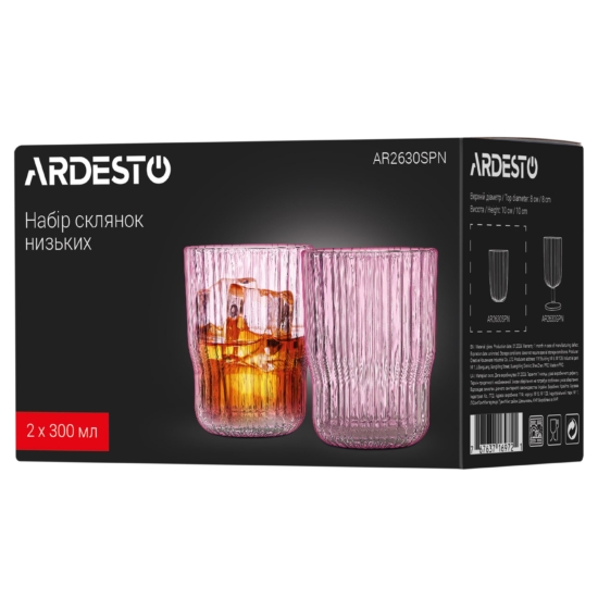 Ardesto Low Glasses Set, 300ml, 2pcs, glass, pink AR2630SPN