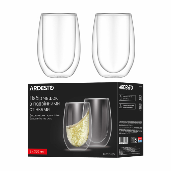 ARDESTO Double wall Mug Set, 350ml, 2pcs, borosilicate glass, transparent AR2635BV