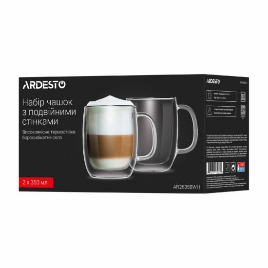 ARDESTO Double wall Mug Set with handle, 350ml, 2pcs, borosilicate glass, transparent AR2635BWH