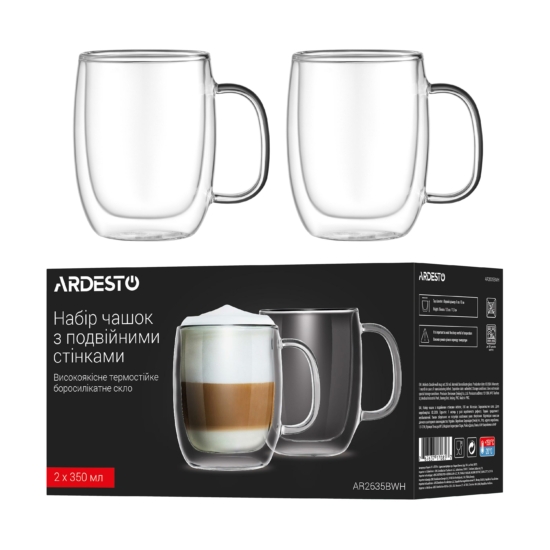 ARDESTO Double wall Mug Set with handle, 350ml, 2pcs, borosilicate glass, transparent AR2635BWH