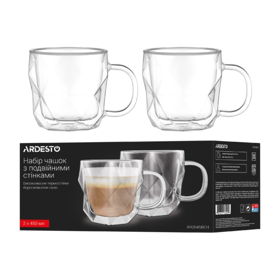 ARDESTO Double wall Mug Set with handle, 450ml, 2pcs, borosilicate glass, transparent AR2645BCH