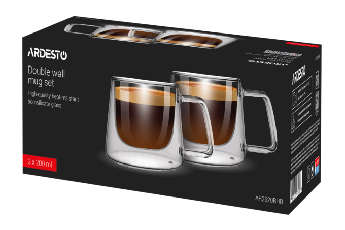 ARDESTO Double Wall Mug Set with handles, 200ml, 2pcs, borosilicate glass, transparent AR2620BHR