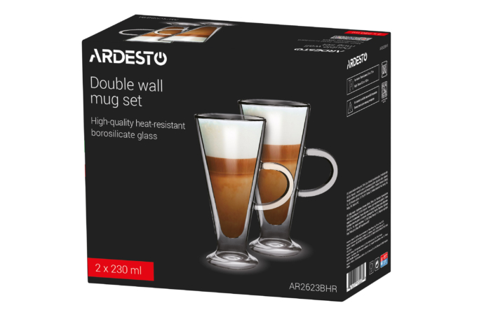 ARDESTO Double Wall Mug Set with handles, 230ml, 2pcs, borosilicate glass, transparent AR2623BHR