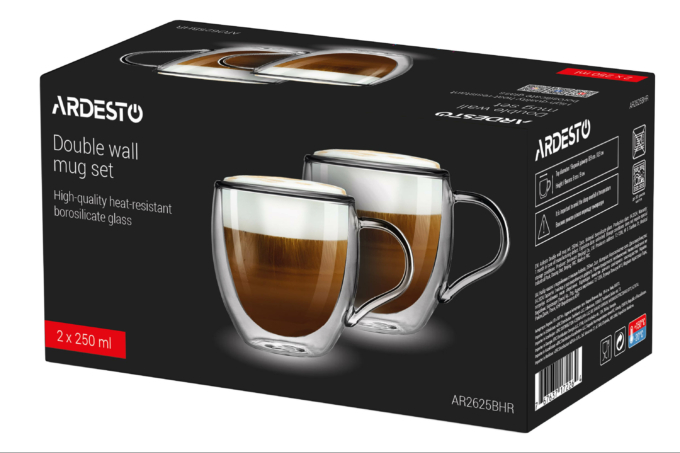 ARDESTO Double Wall Mug Set with handles, 250ml, 2pcs, borosilicate glass, transparent AR2625BHR