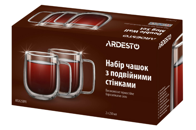 ARDESTO Double wall mug set with handles, 250ml, 2pcs, borosilicate glass, transparent