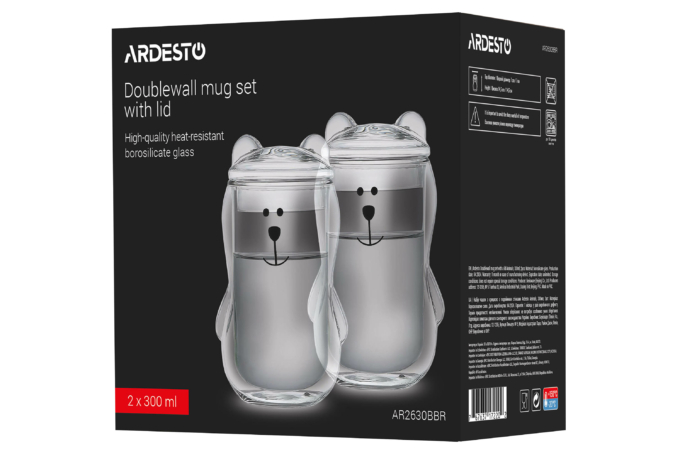 ARDESTO Double wall Mug Set with a lid Animals, 300ml, 2pcs, borosilicate glass, transparent AR2630BBR