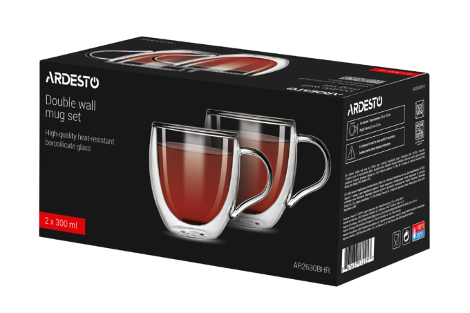 ARDESTO Double Wall Mug Set with handles, 300ml, 2pcs, borosilicate glass, transparent AR2630BHR