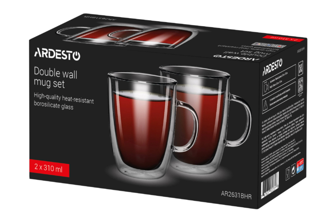 ARDESTO Double Wall Mug Set with handles, 310ml, 2pcs, borosilicate glass, transparent AR2631BHR