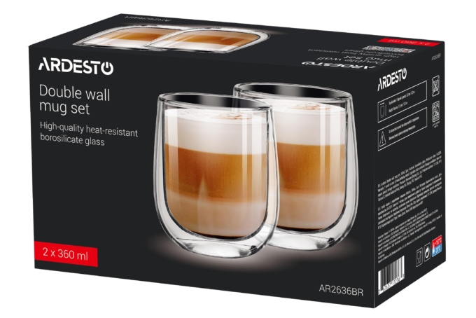 ARDESTO Double Wall Mug Set, 360ml, 2pcs, borosilicate glass, transparent AR2636BR