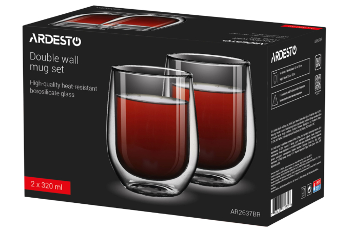 ARDESTO Double Wall Mug Set, 320ml, 2pcs, borosilicate glass, transparent AR2637BR