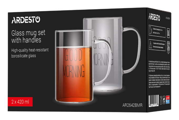 ARDESTO Mug Set with handles Good Morning, 420ml, 2pcs, borosilicate glass, transparent AR2642BMR