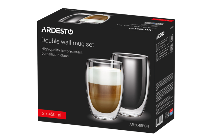 ARDESTO Double Wall Mug Set, 450ml, 2pcs, borosilicate glass, transparent AR2645BGR