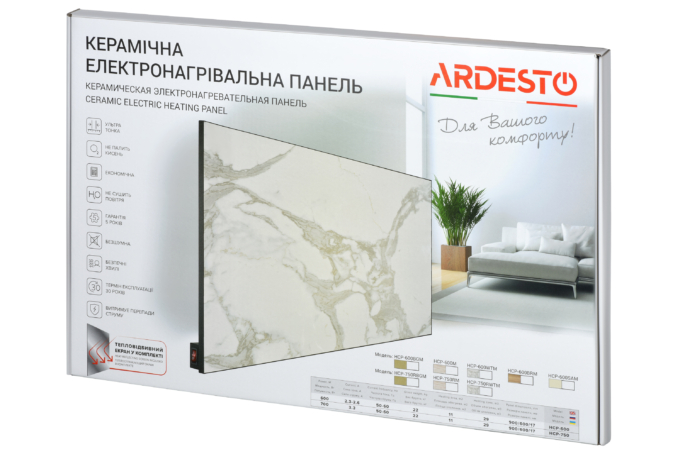 ARDESTO HCP-600[Керамическая панель, 12м2, 600Вт, мех. упр-ние, 90 х 60см, белый мрамор]