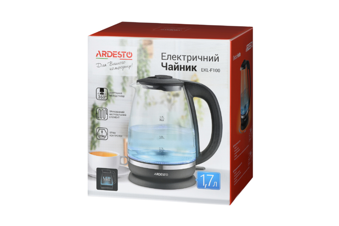 ARDESTO Электрочайник EKL-F100 1.7л/2150Вт/strix контроль/стекл. корпус/черный