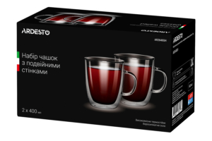 ARDESTO Cup set with double walled handles, 400 ml, H 11.2 cm, 2 pcs, borosilicate glass