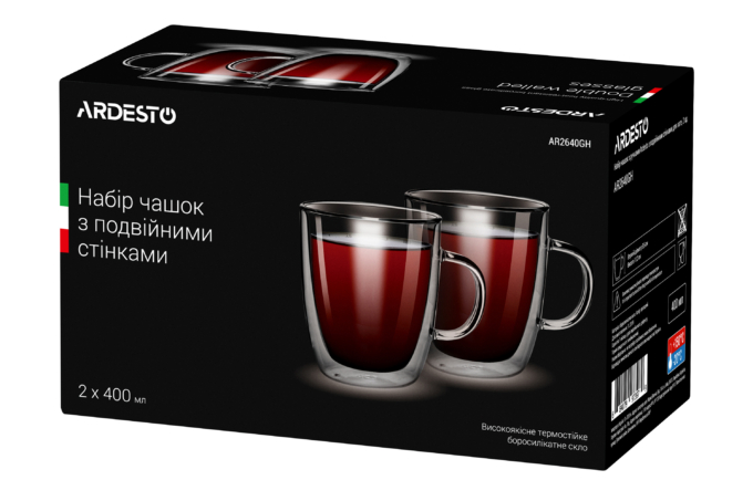 ARDESTO Cup set with double walled handles, 400 ml, H 11.2 cm, 2 pcs, borosilicate glass