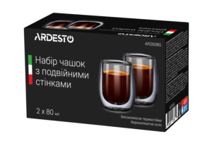 ARDESTO Cup set for espresso, double walled, 80 ml, H 7.3 cm, 2 pcs, borosilicate glass