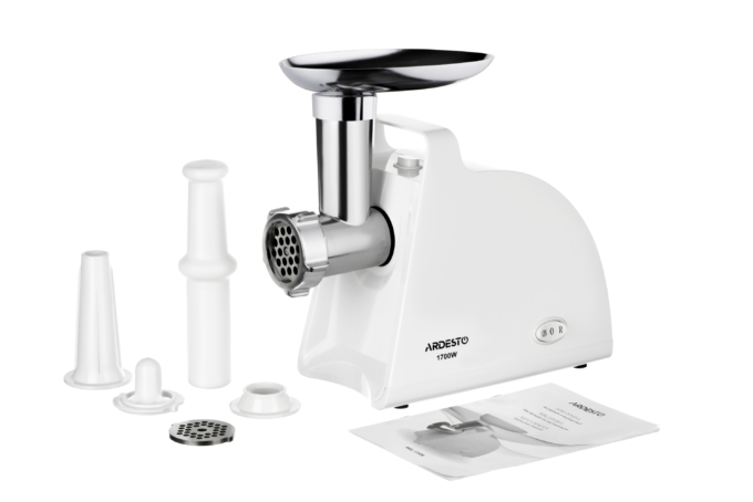 ARDESTO Meat grinder, 1700W, prod.-1.6kg/min, 2 cutting plates+for sausag.plates, plastik, white