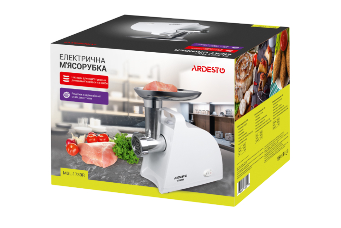 ARDESTO Meat grinder, 1700W, prod.-1.6kg/min, 2 cutting plates+for sausag.plates, plastik, white