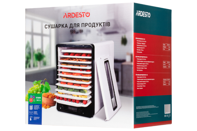 ARDESTO Сушка для продуктов FDB-1138, 550Вт, поддонов -10+1×3см, макс-70°С, рег.темп, пластик, белый