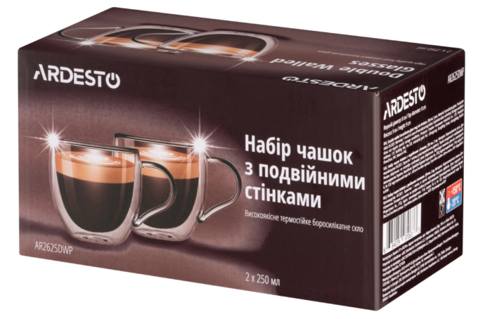 ARDESTO Набір чашок з ручками з подвійними стінками, 250 мл, 2 од., боросилікатне скло