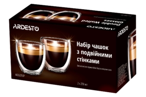 ARDESTO Набір чашок з подвійними стінками, 250 мл, H 9 см, 2 од., боросилікатне скло