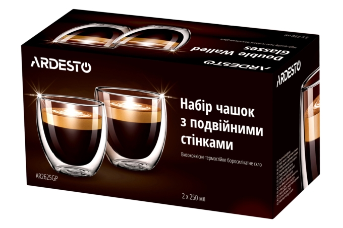 ARDESTO Набір чашок з подвійними стінками, 250 мл, H 9 см, 2 од., боросилікатне скло