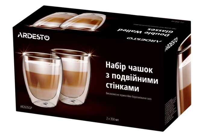 ARDESTO Double wall borosilicate glass mug set, 350 ml, 2 pcs