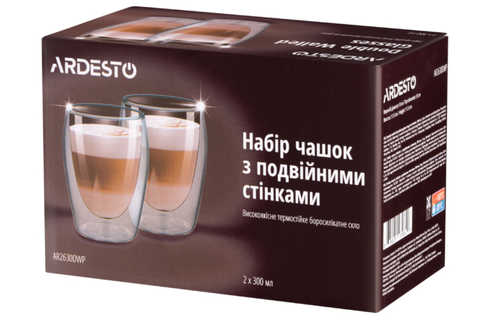 ARDESTO Double wall borosilicate glass mug set, 300 ml, 2 pcs