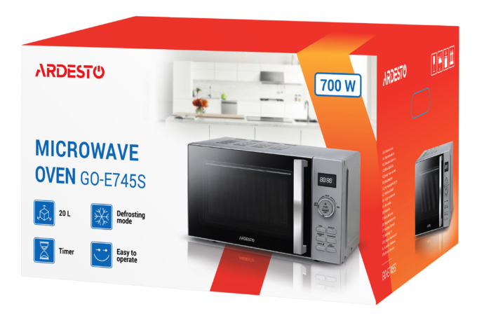 ARDESTO Microwave oven, 20L, electronic control, 700W, display, handle opening, quick start, silver