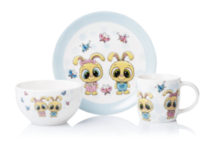 ARDESTO Set of children’s dishes Bunnies, 3pcs, new bone china