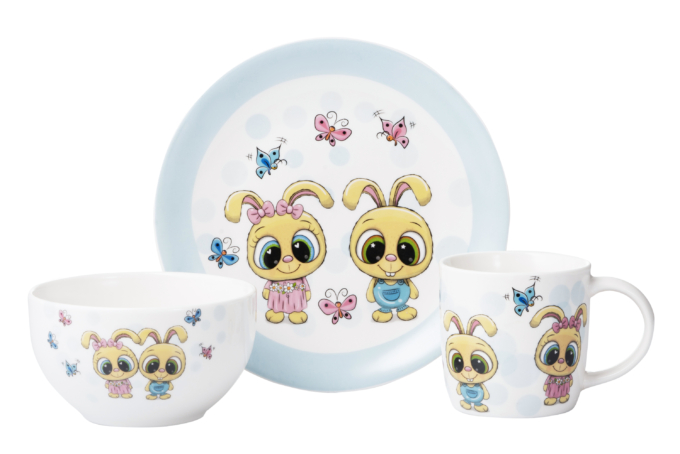 ARDESTO Set of children’s dishes Bunnies, 3pcs, new bone china