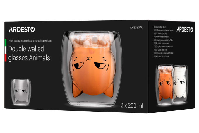 ARDESTO Double wall borosilicate glass mug set Animals, 200 ml, 2 pcs