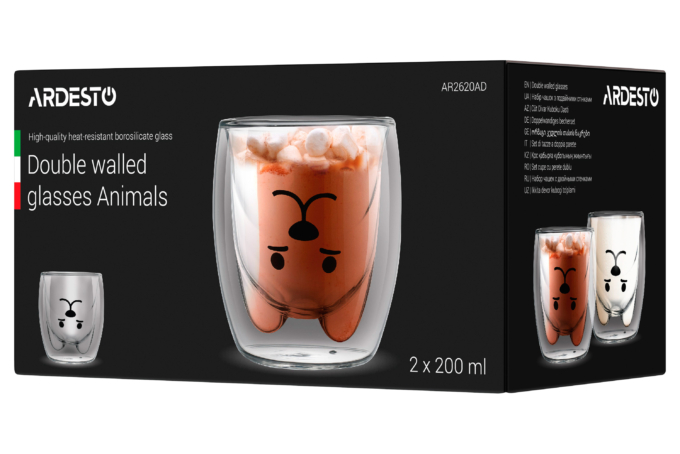 ARDESTO Double wall borosilicate glass mug set Animals, 200 ml, 2 pcs