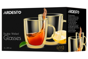 ARDESTO Double wall borosilicate glass mug set Golden Moon, 270 ml, 2 pcs, with handles