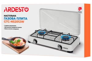 ARDESTO Gas Cooktop GTC-NS2012W, gas type LPG, 2 alum. burners, enamel body, painted grid, top lid, color: white