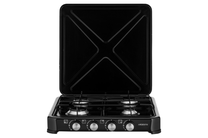 ARDESTO Gas Cooktop GTC-NS4014B, gas type LPG, 4 alum. burners, enamel body, painted grid, top lid, color: black