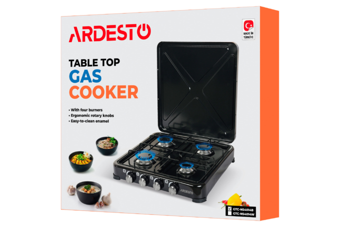 ARDESTO Gas Cooktop GTC-NS4014B, gas type LPG, 4 alum. burners, enamel body, painted grid, top lid, color: black